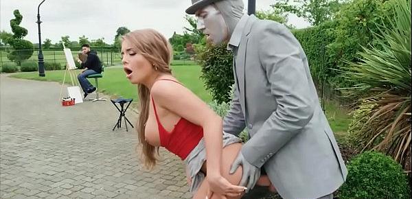  Busty chick fucks a living statue performer outdoors
